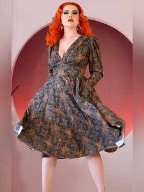 Pinup Couture Hope Johnstun PUG Luna Midi Swing Dress In Royal Woods Size S NWT